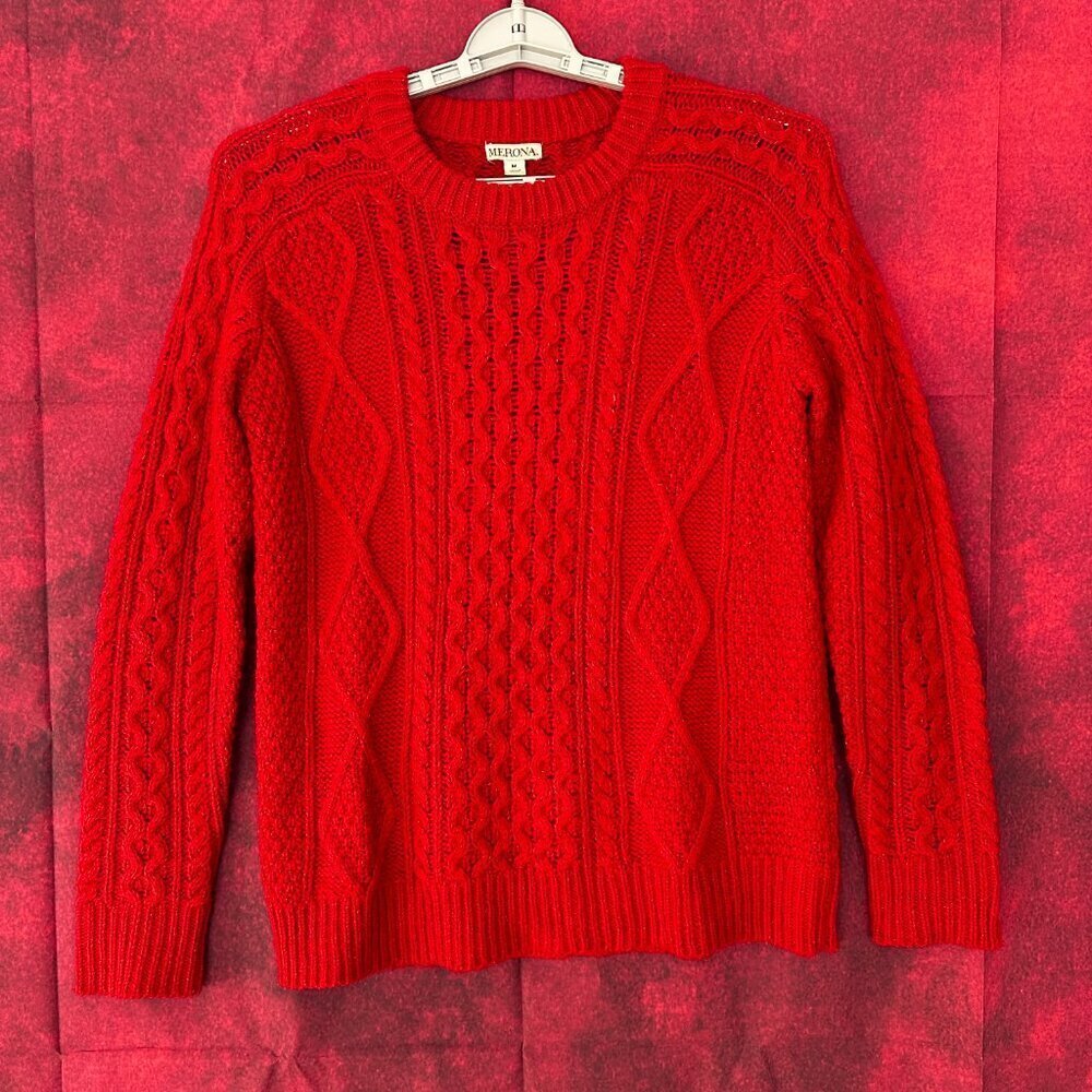 MERONA WOMEN'S PULLOVER SWEATER RED MIXED CABLE KINT CREW NECK SIZE M (MEDIUM )